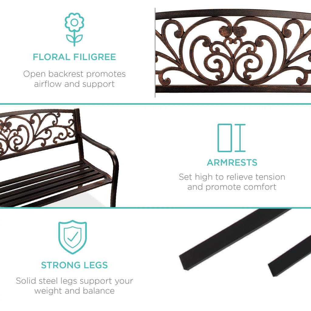 Brown Outdoor Steel Bench with Floral Design Backrest O754548