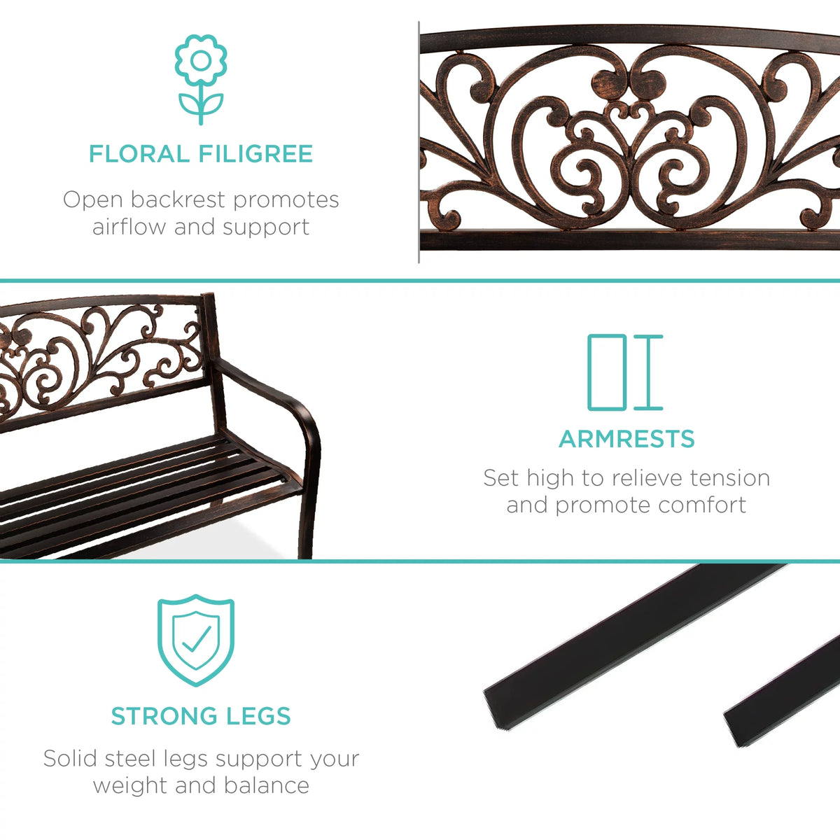 Brown Outdoor Steel Bench with Floral Design Backrest O754548