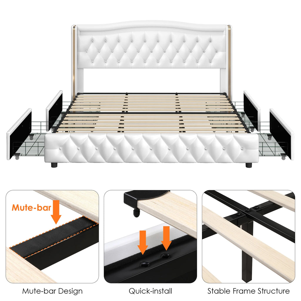 White Full Size LED Bed Frame with 4 Storage Drawers X587464