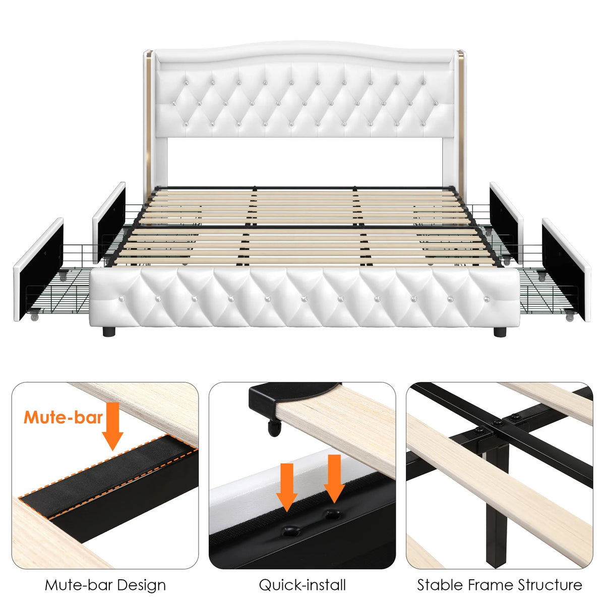 White Full Size LED Bed Frame with 4 Storage Drawers X587464