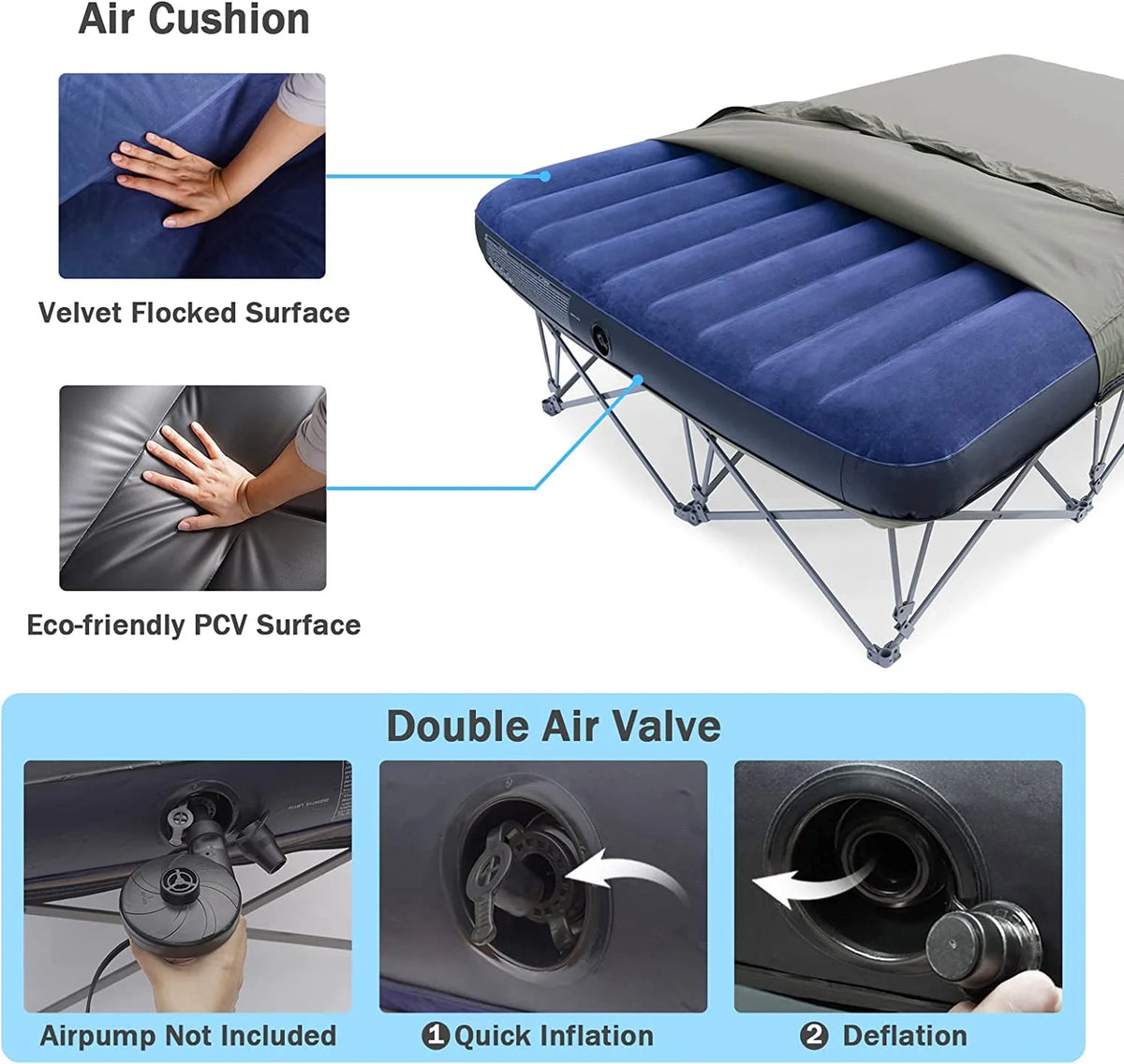 2 Person Folding Camping Cot with Inflatable Air Mattress and Carry Bag E191