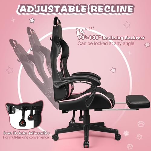 Pink Gaming Chair with Cat Ears and Cat Paw Cushion Pillow with Footrest Y684