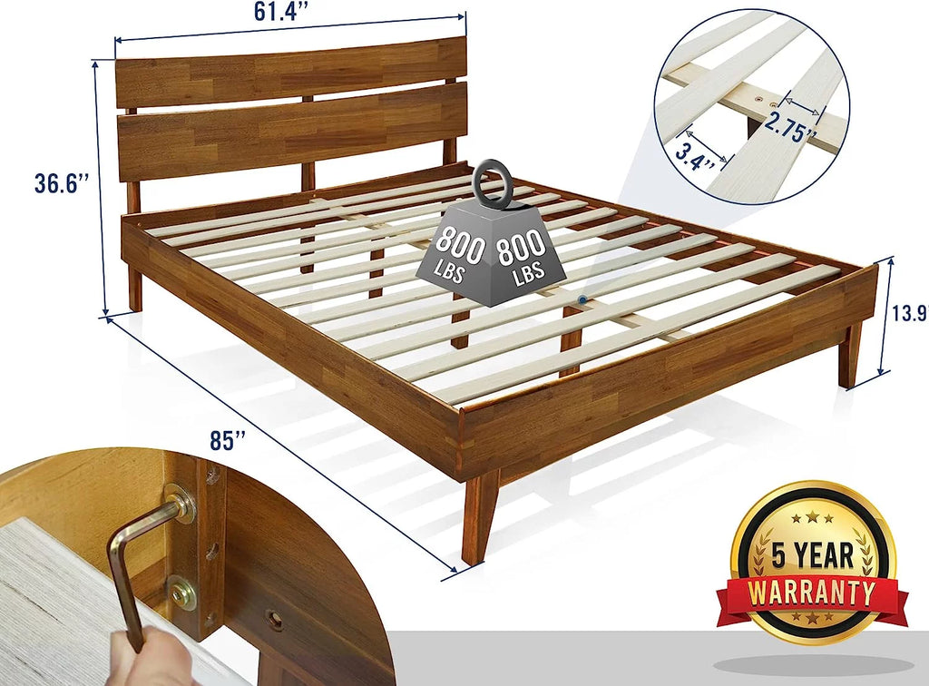 14 Inch Wood Platform Bed with Headboard Queen Size Caramel H226342