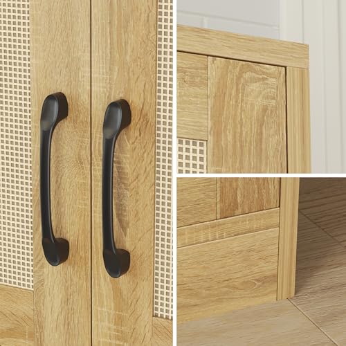 67" Tall Oak Rattan Storage Cabinet with Doors and Adjustable Shelves J1389