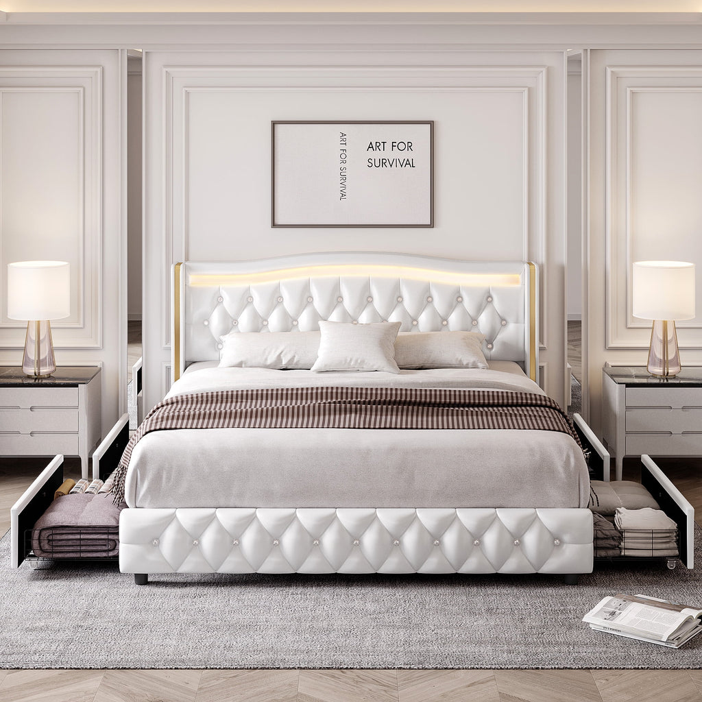 White Full Size LED Bed Frame with 4 Storage Drawers X587464