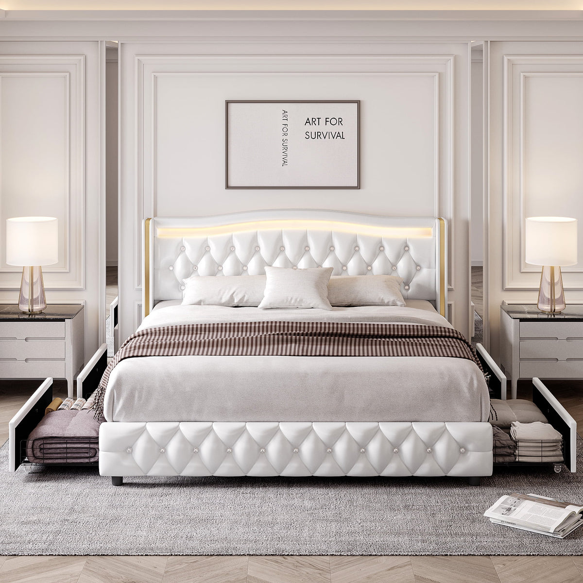 White Full Size LED Bed Frame with 4 Storage Drawers X587464