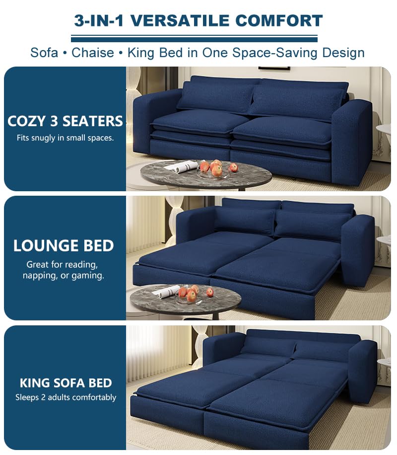 Blue 3 Seater Pull Out Sofa Bed with 2 Pillows R8553