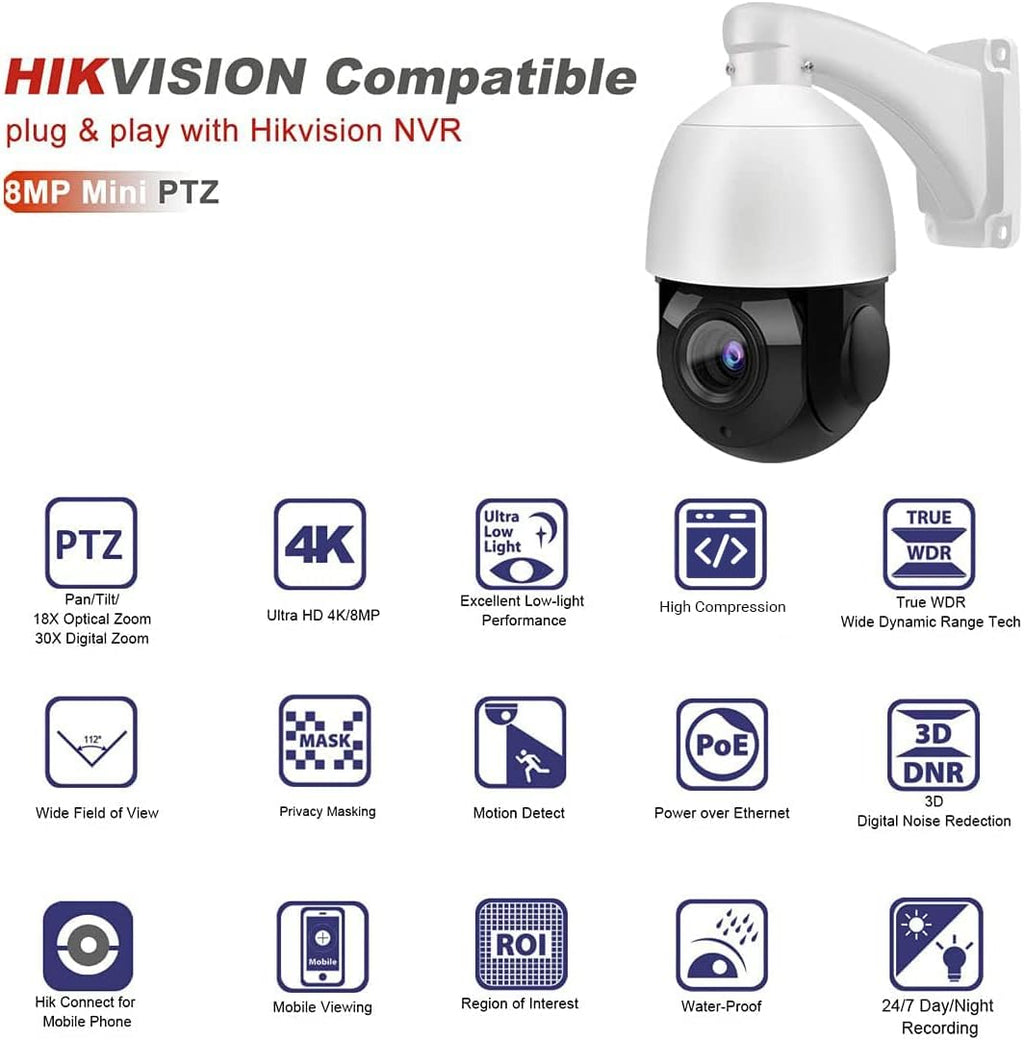 8MP PTZ PoE IP Camera 18x Optical Zoom 165ft IR Night Vision IP66 J136716