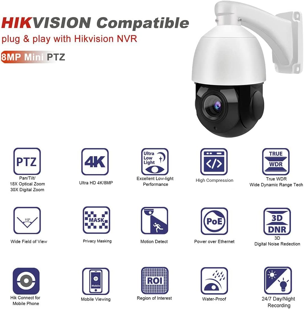8MP PTZ PoE IP Camera 18x Optical Zoom 165ft IR Night Vision IP66 J136716