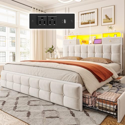 King Size Bed Frame with 4 Storage Drawers and LED Lights, Grey D542
