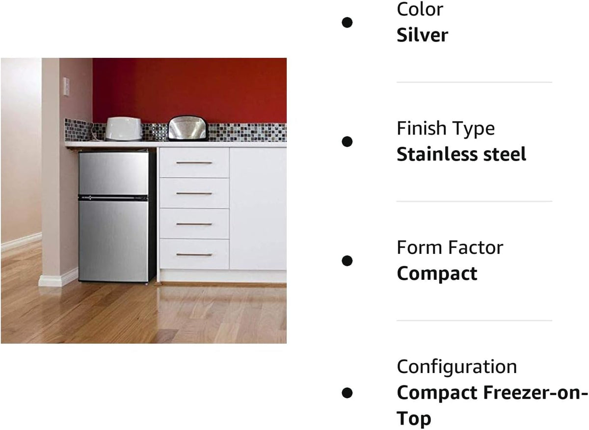 3.2 Cu Ft Two Door Mini Fridge with Freezer, Stainless Steel D77717