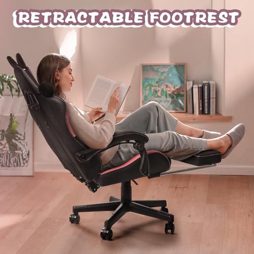 Pink Gaming Chair with Cat Ears and Cat Paw Cushion Pillow with Footrest Y684