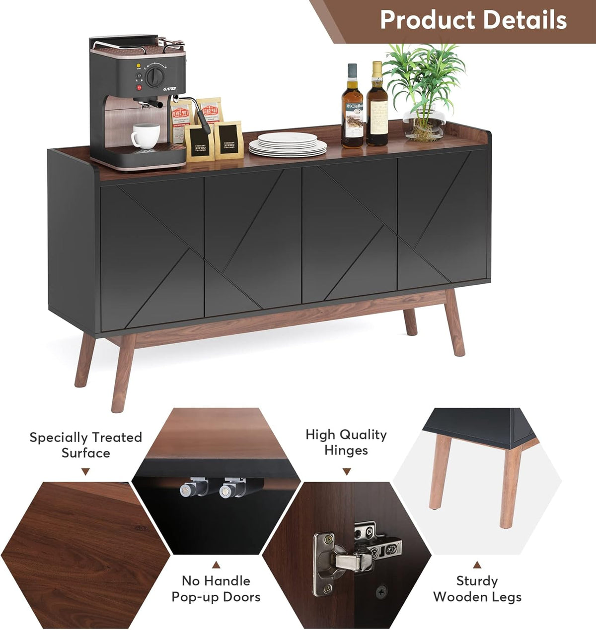 Black 55" Wood Sideboard Cabinet with Doors J71423