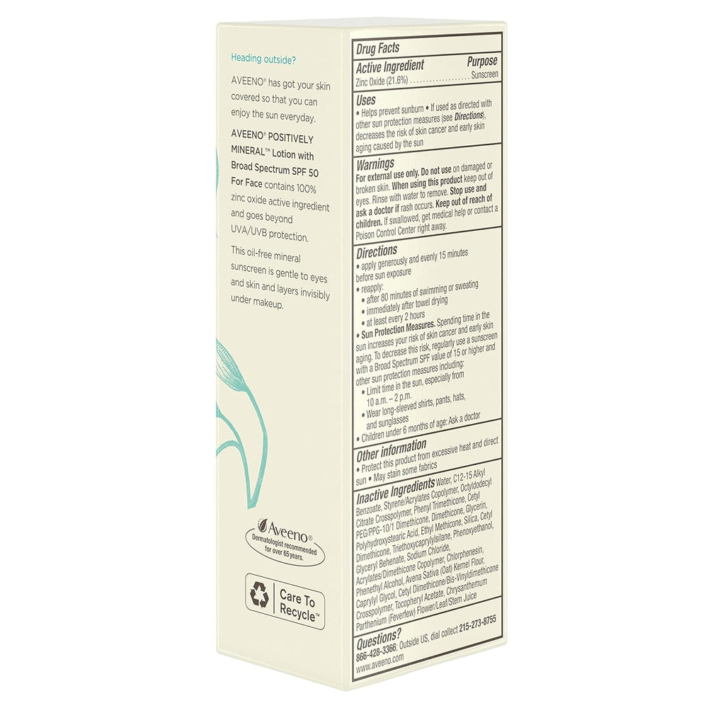 Positively Mineral Sensitive Skin Daily Sunscreen Lotion, Broad Spectrum SPF 50 with 100% Zinc Oxide, Lightweight & Non-Comedogenic Facial Sunscreen, Travel-Size, 2 fl. oz J61590