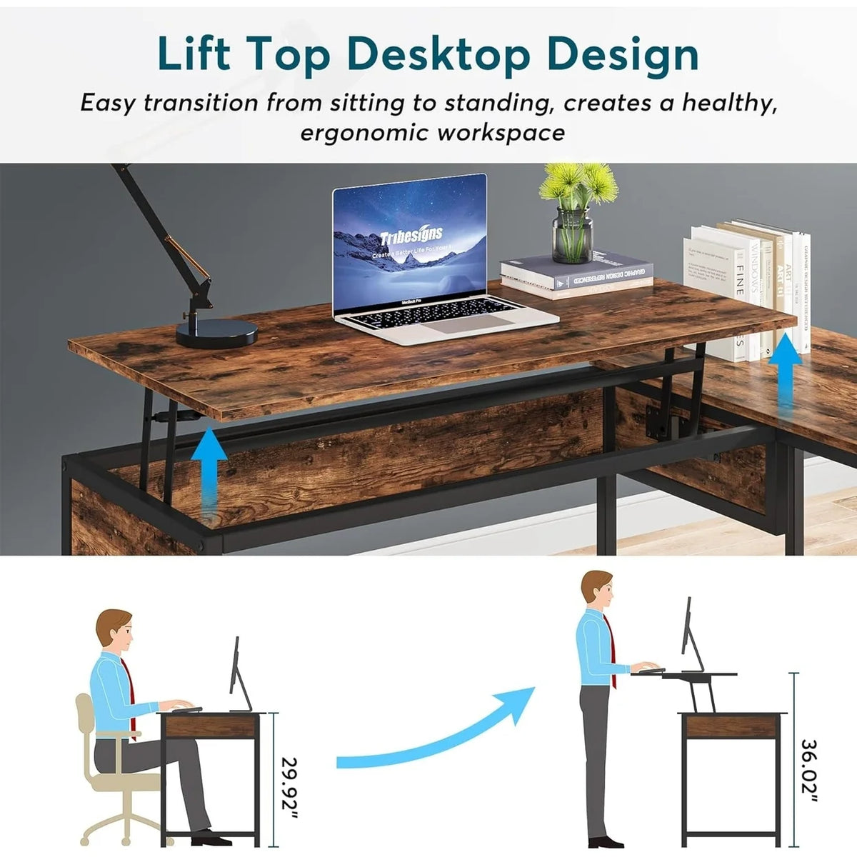 L-Shaped 59" Computer Desk with Drawers Corner Desk with Lift Top T355907