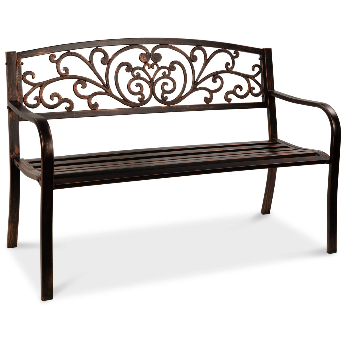 Brown Outdoor Steel Bench with Floral Design Backrest O754548