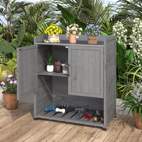 Grey Outdoor Storage Cabinet with Potting Bench Table K19463