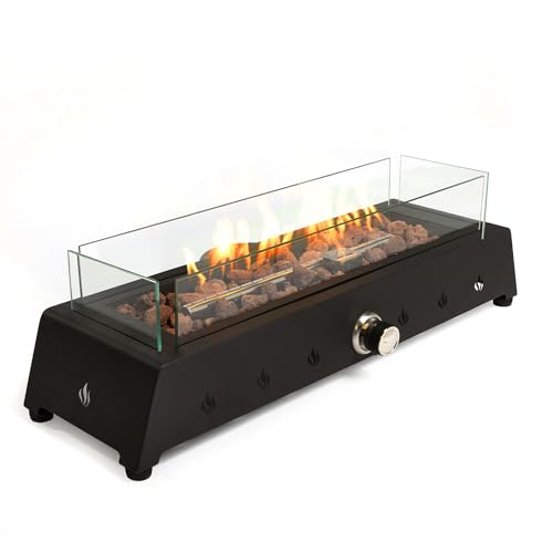 28" Tabletop Propane Gas Fire Pit with Glass Wind Guard & Lava Rock R48106