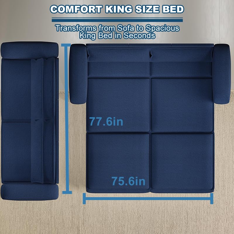 Blue 3 Seater Pull Out Sofa Bed with 2 Pillows R8553