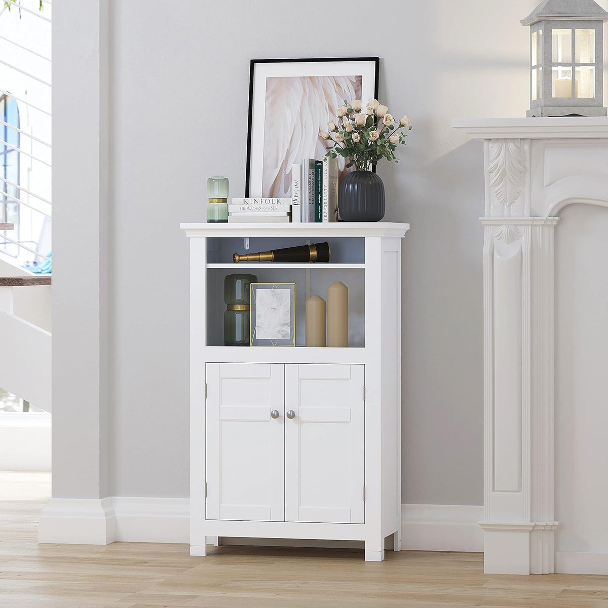 Freestanding Bathroom Cabinet with Doors and Adjustable Shelf, White Y989