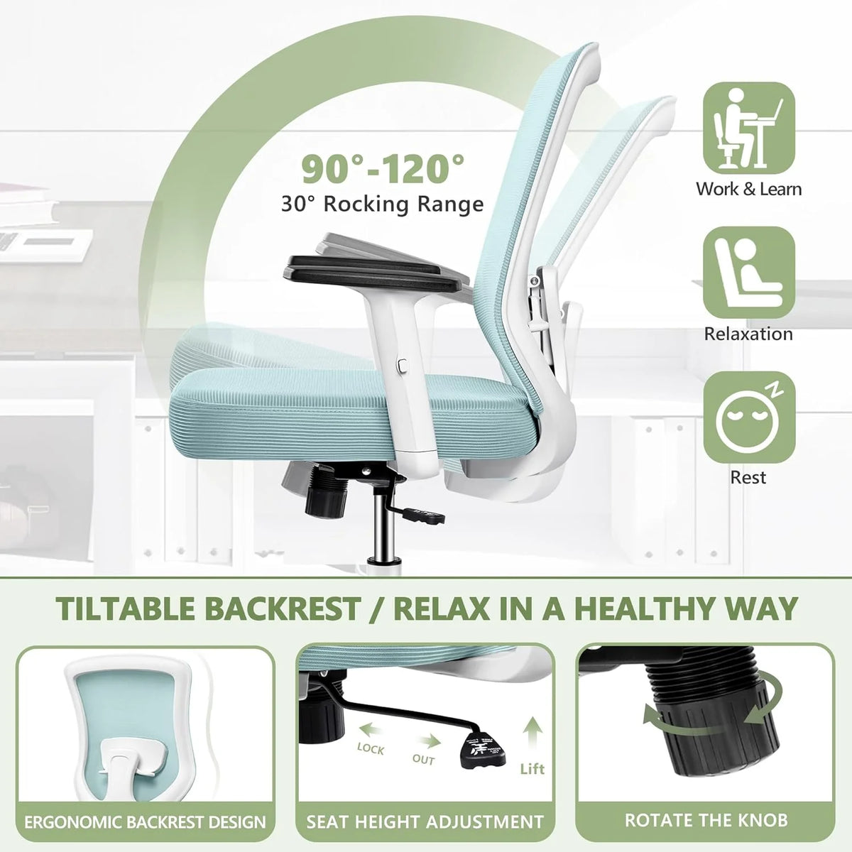 Light Blue Ergonomic Mesh Office Chair with Adjustable Armrests M97767