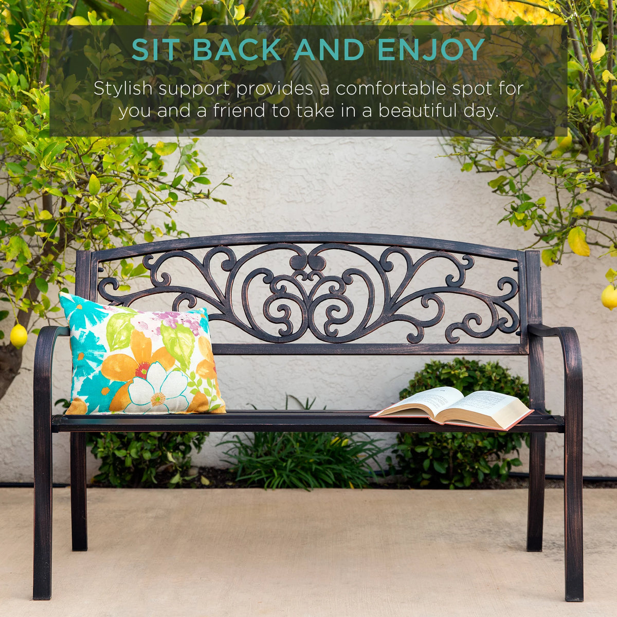 Brown Outdoor Steel Bench with Floral Design Backrest O754548