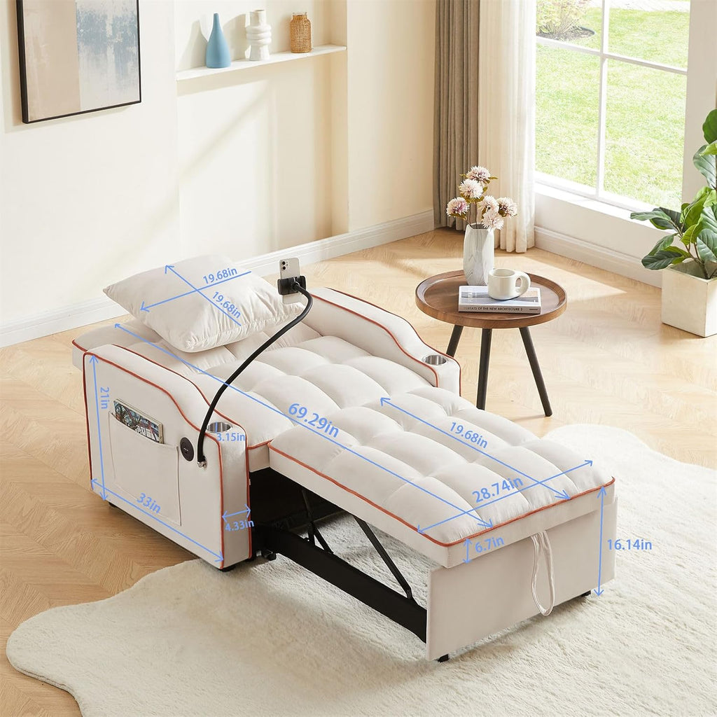 3-in-1 Convertible Pull Out Sleeper Chair Bed with Multi-Pockets M438580