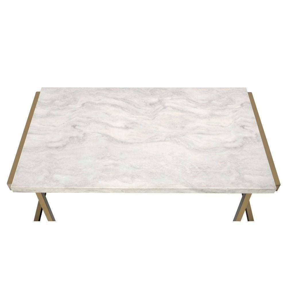 Faux Marble Top Champagne Finish Metal Base Console Table Z32025