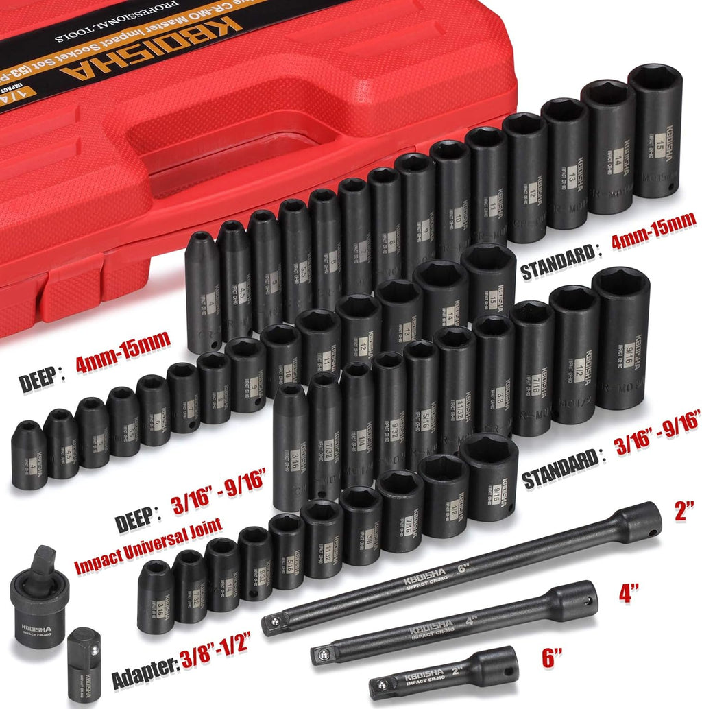 1/4 Inch Drive 53-Piece CR-MO Alloy Steel Impact Socket Set SAE and Metric P1467