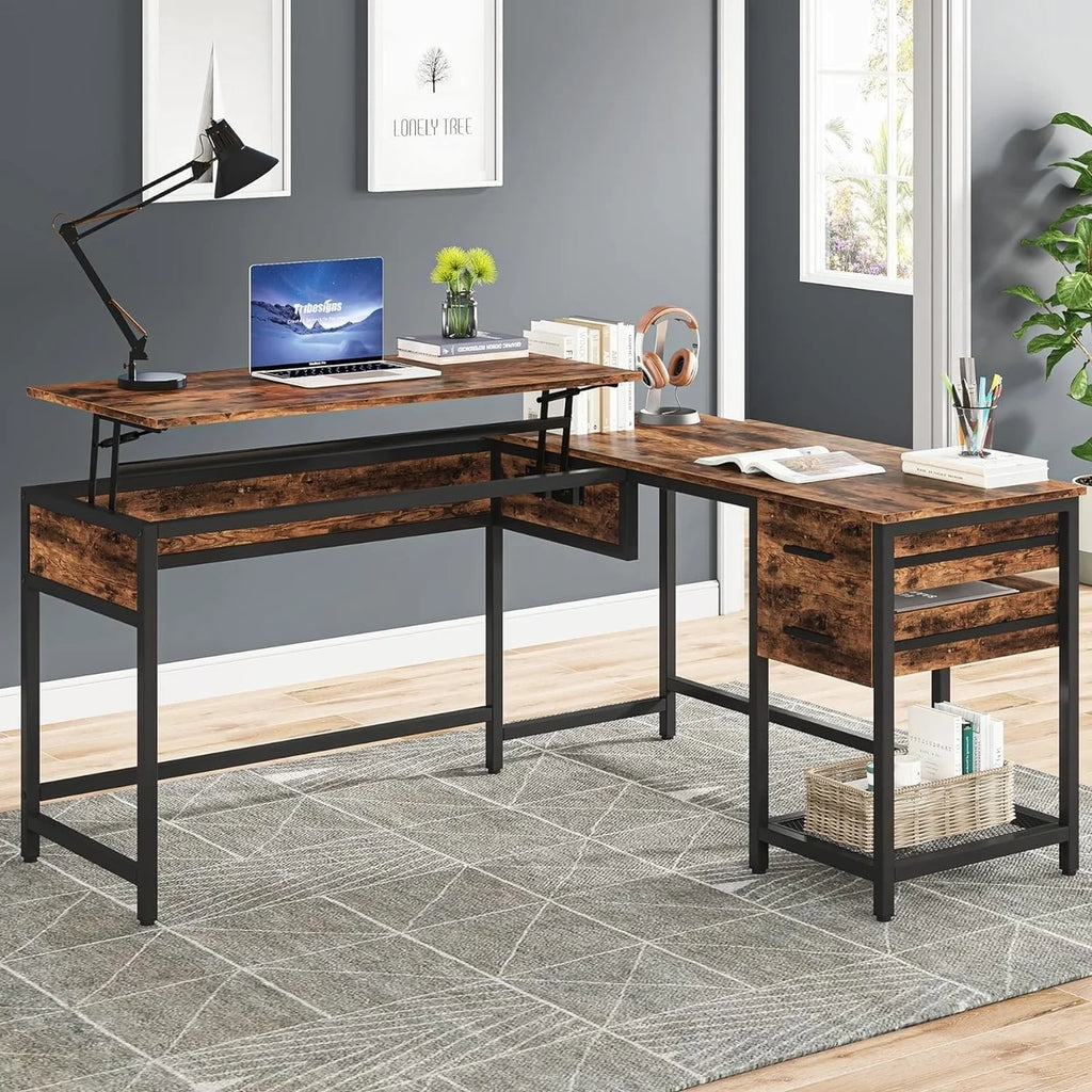 L-Shaped 59" Computer Desk with Drawers Corner Desk with Lift Top T355907