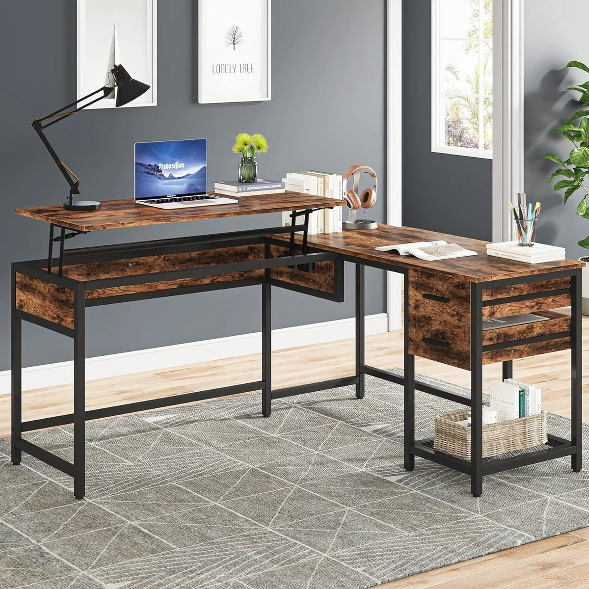 L-Shaped 59" Computer Desk with Drawers Corner Desk with Lift Top T355907