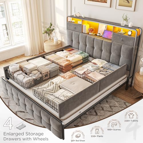 King Size Bed Frame with 4 Storage Drawers and LED Lights, Grey D542