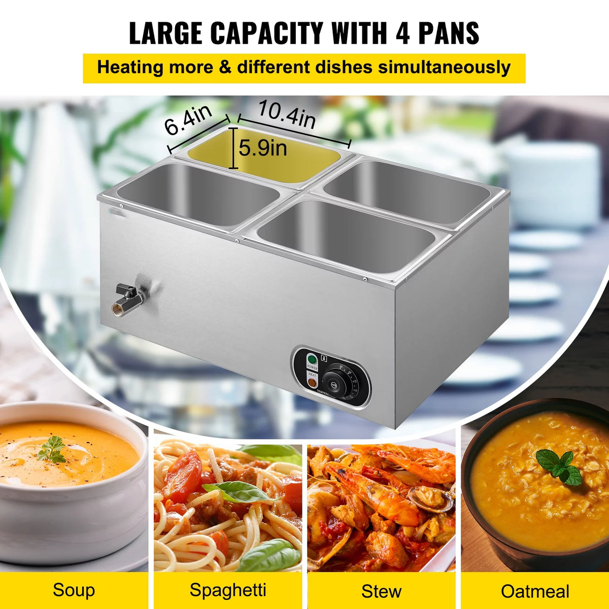 110V 4-Pan Stainless Steel Commercial Food Warmer 24 Qt T92165