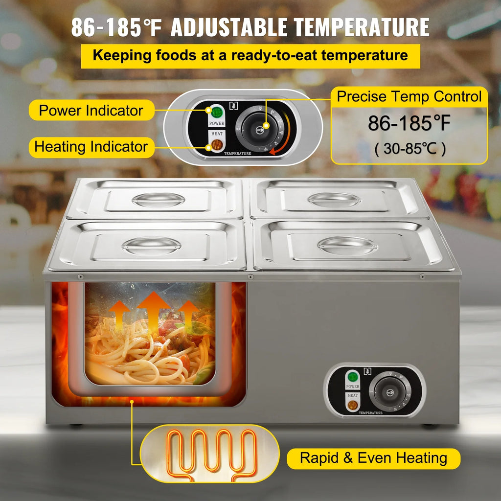110V 4-Pan Stainless Steel Commercial Food Warmer 24 Qt T92165
