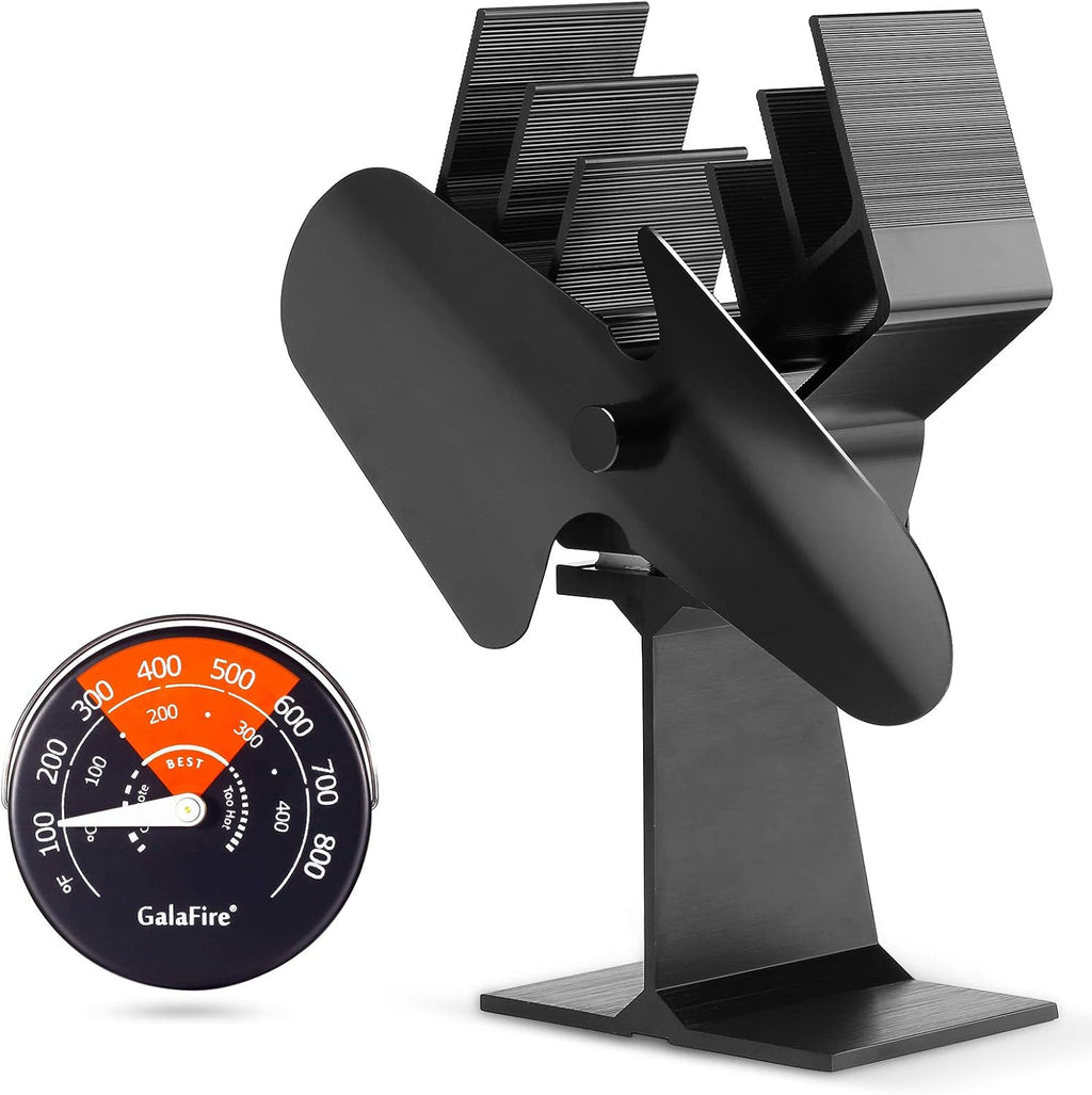 Black Pack of 2 Heat Powered Wood Stove Fan with Magnetic Thermometer E8104