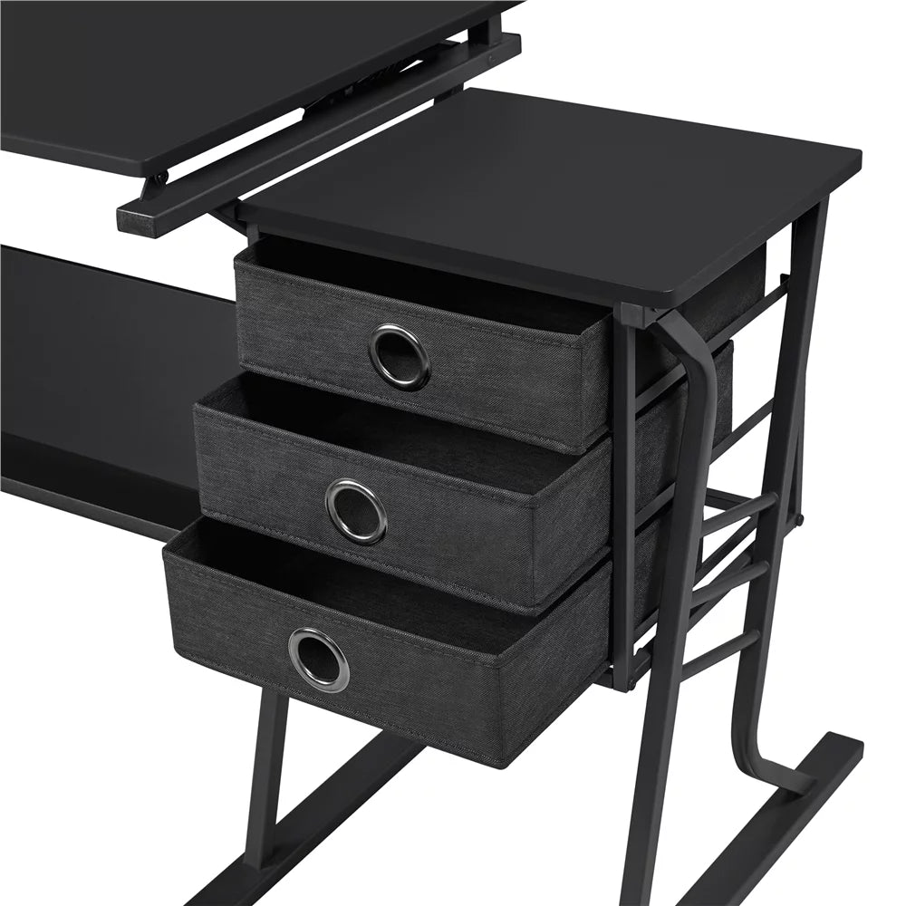 Black Adjustable Drafting Table with Storage Drawers and Stool N9808
