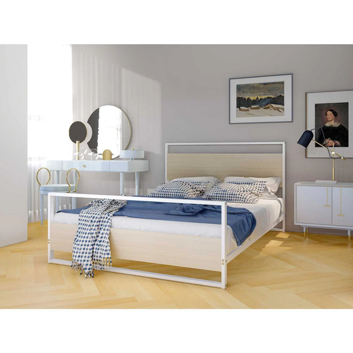 White Wooden and Metal Full Bed Frame K596534
