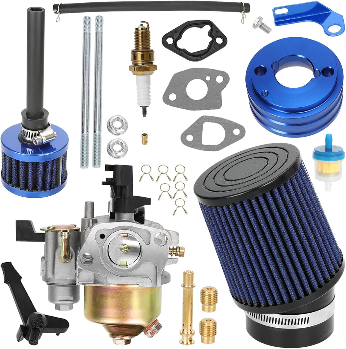 Upgrade Carburetor Air Filter Adapter with Mini Air Filter Jet Kit for 212cc 6.5 Hp 196cc Go Kart Mini Bike Race Blue Pack of 2 E5702