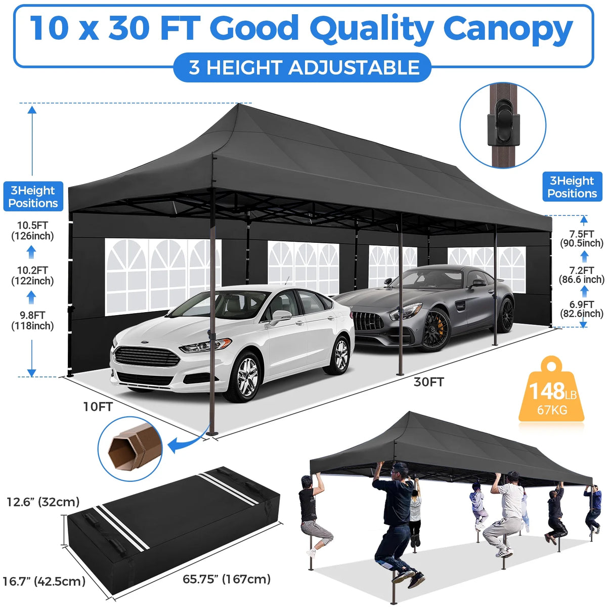 10' x 30' Pop Up Canopy with 8 Removable Sidewalls, Black D151