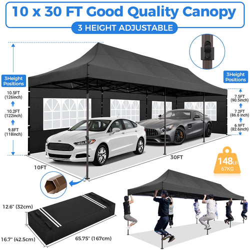 10' x 30' Pop Up Canopy with 8 Removable Sidewalls, Black D151