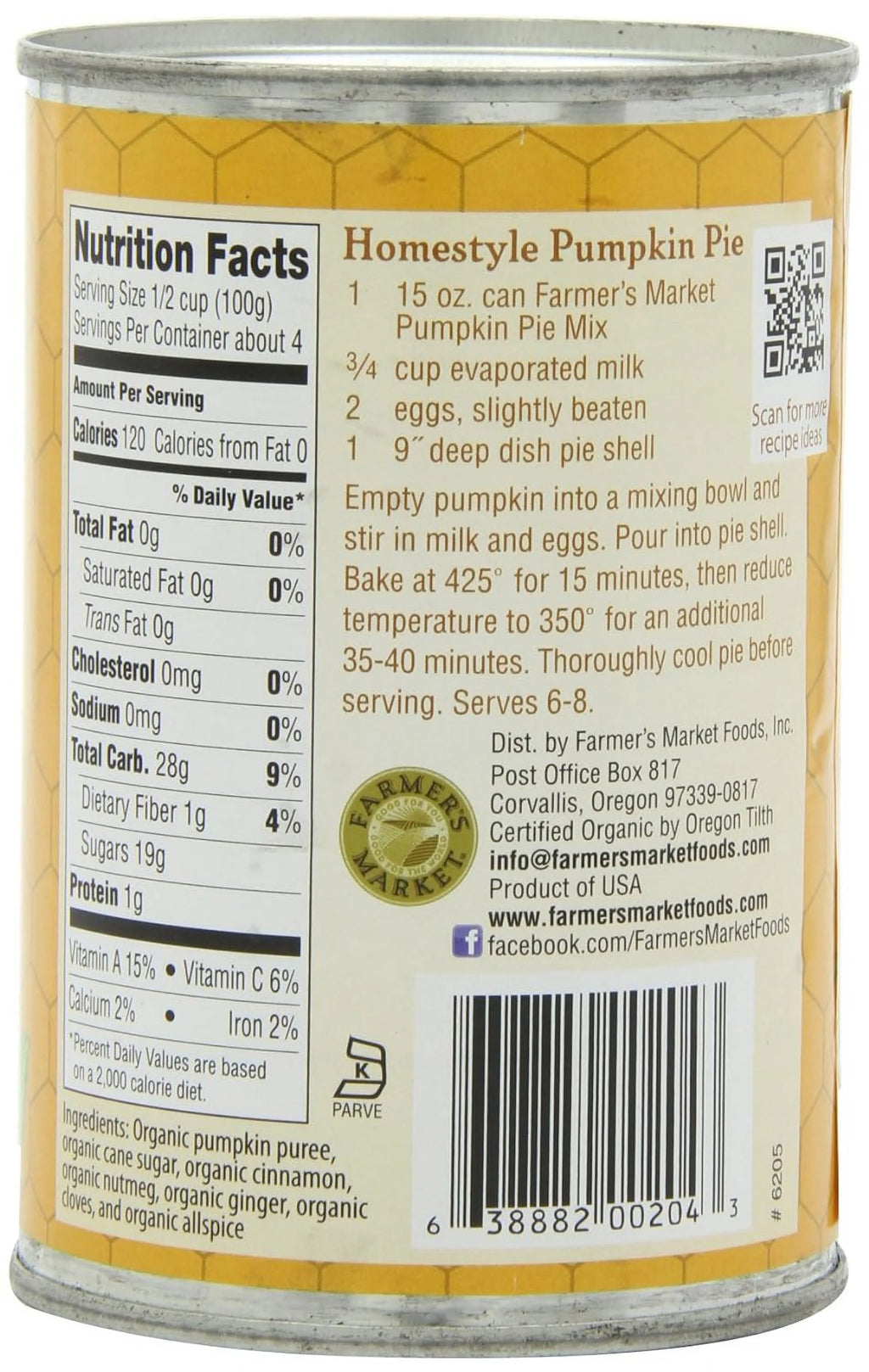 Organic Canned Pumpkin Pie Mix 15-Ounce Cans Pack Of 12 X881