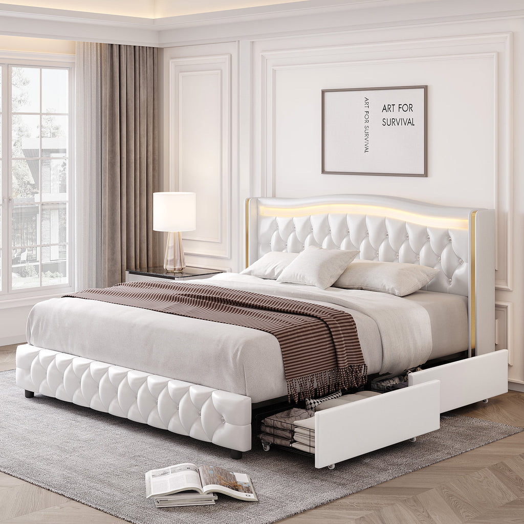 White Full Size LED Bed Frame with 4 Storage Drawers X587464
