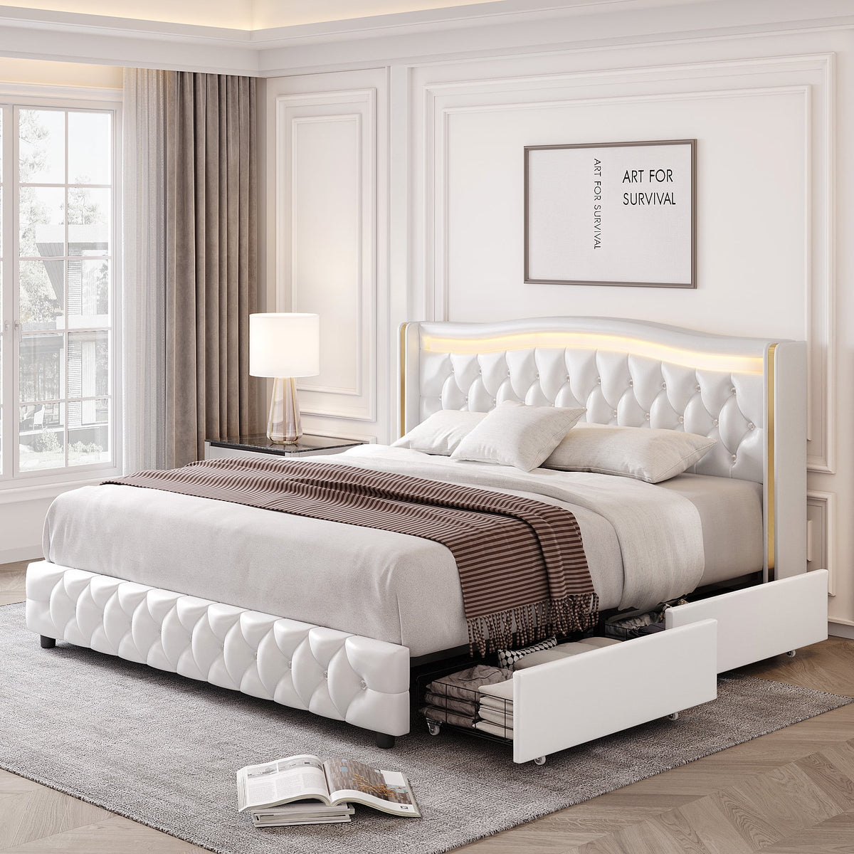 White Full Size LED Bed Frame with 4 Storage Drawers X587464