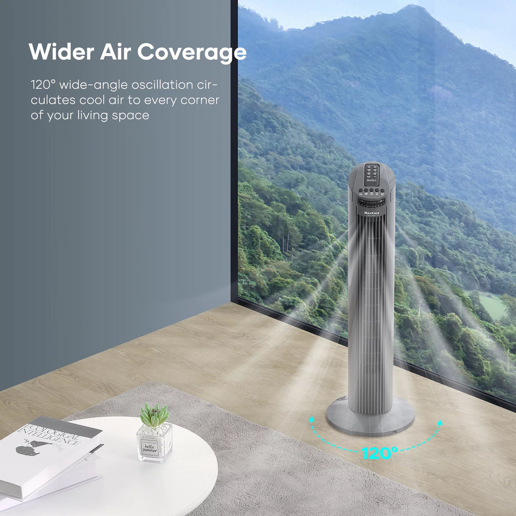 30 Tower Fan 120° Oscillating 60dB Quiet with Remote Control 3 Speeds 3 Wind Modes Timer Dark Gray N43348
