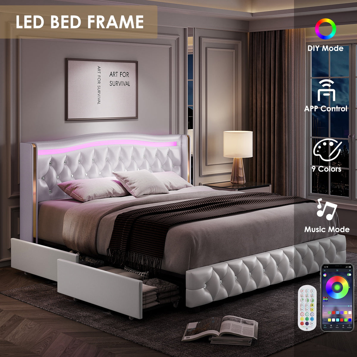 White Full Size LED Bed Frame with 4 Storage Drawers X587464