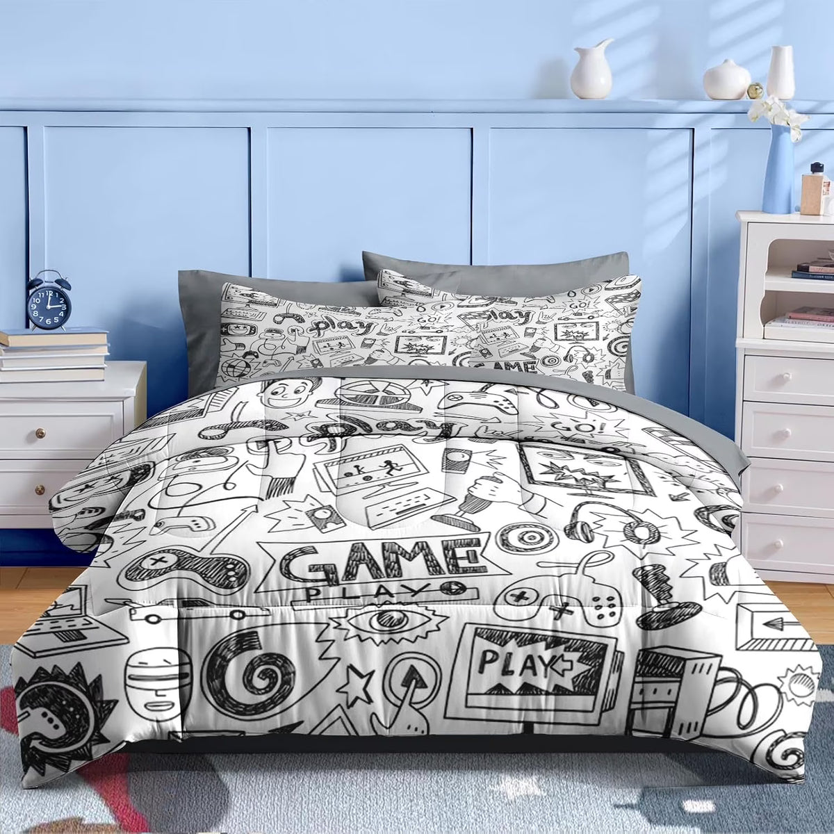 Twin Size 5 Pcs Gamer Gaming Comforter Set with Pillowcase & Sham H61655