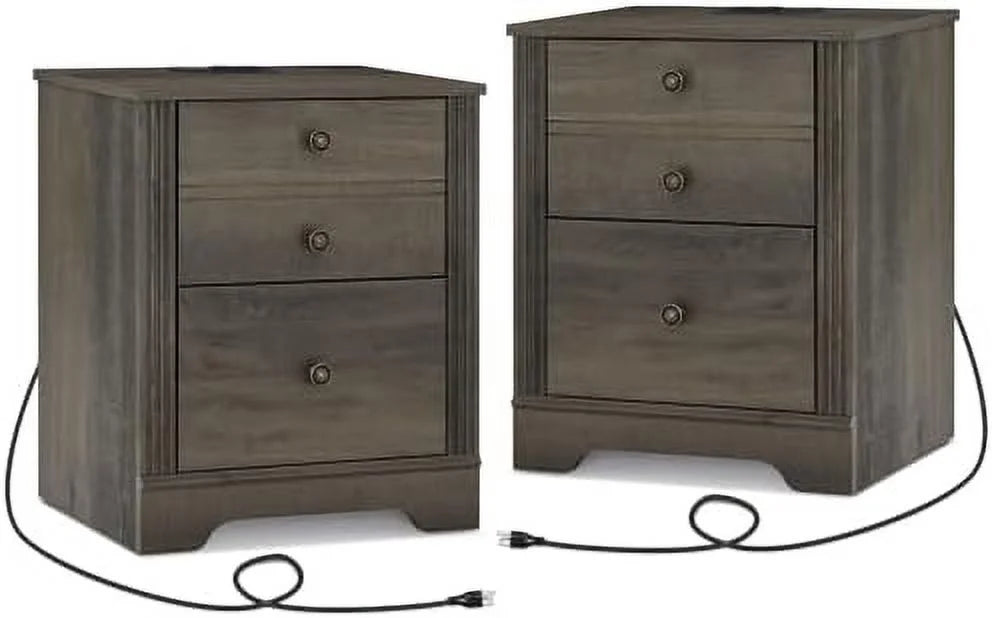 Dark Antique Brown Wood Nightstand with Charging Station and 2 Sliding Drawers J17095