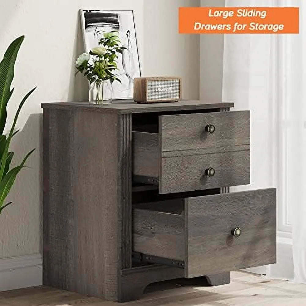 Dark Antique Brown Wood Nightstand with Charging Station and 2 Sliding Drawers J17095