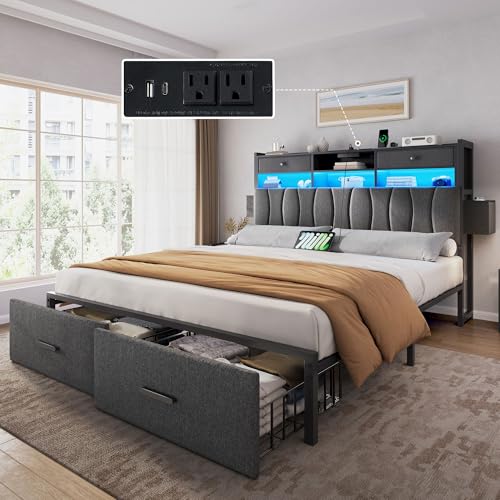 King Size Upholstered Platform Bed with 2 Storage Drawers and LED Light, Black G37042