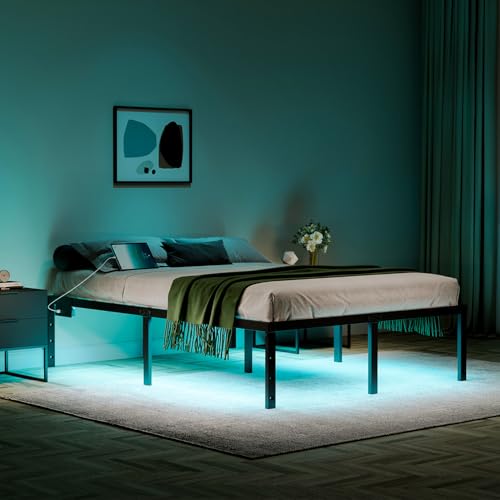 Full Size 14 Inch Metal Platform Bed Frame with LED Lights H413
